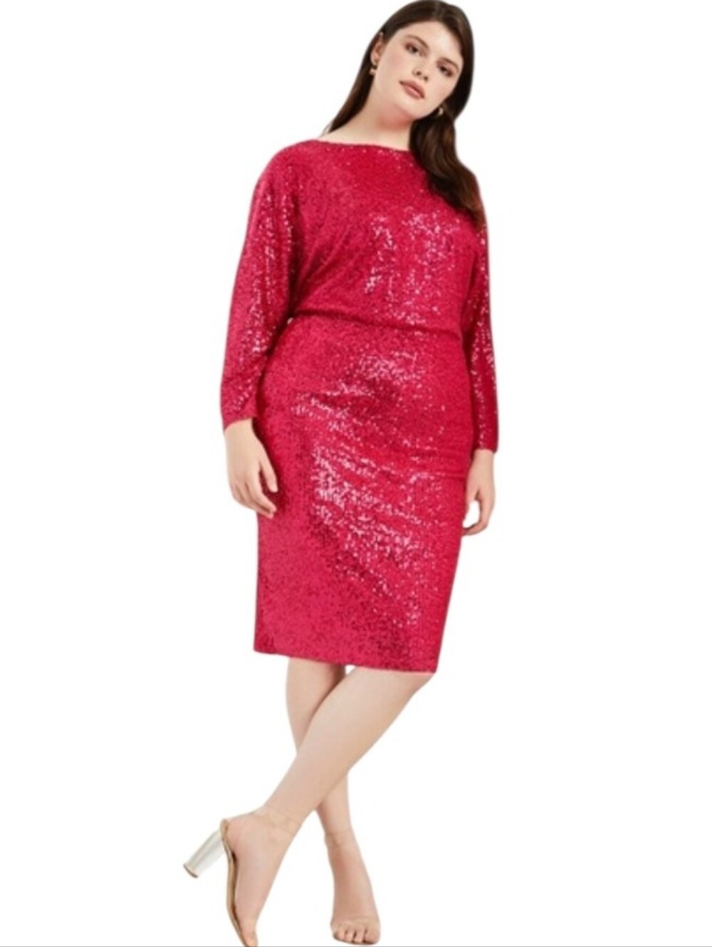 Elloquii Nwt Sequin Dolman Sleeve Magenta Hot Pink Stretch Midi Cocktail Dress